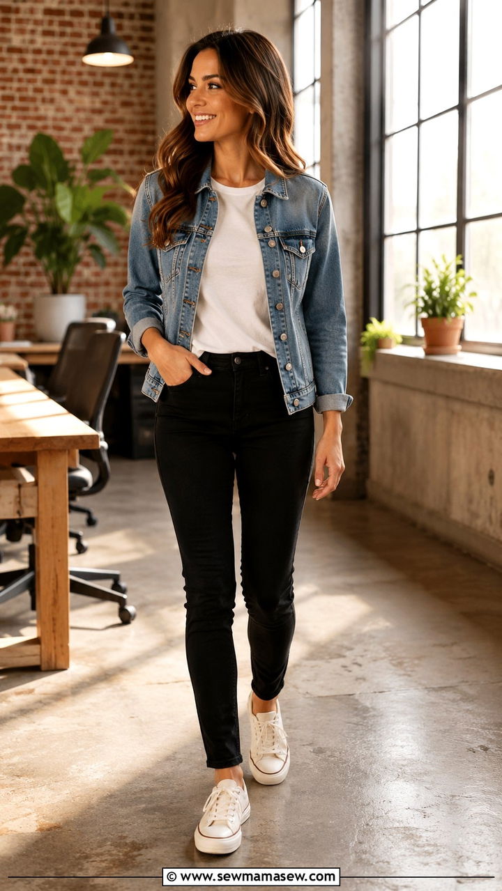 Denim Jacket With Black Jeans And Contrast Sneakers - 25 Work outfits with sneakers and jeans