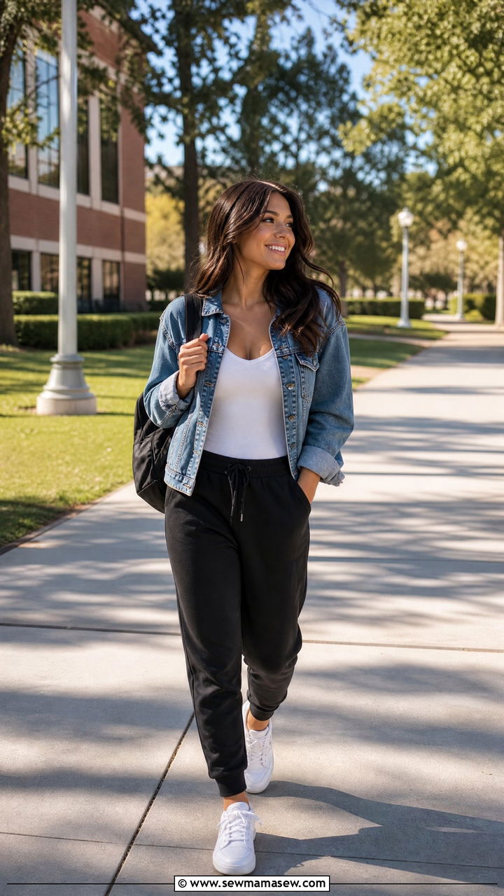 Denim Jacket With Black Joggers And A White Bodysuit - 30 school outfits Pinterest