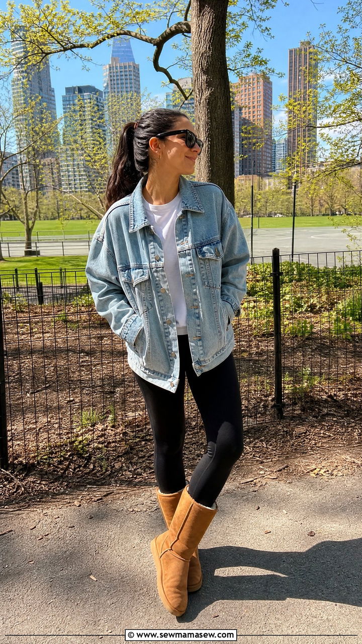 Denim Jacket With Black Leggings And Classic Tall Uggs - 25 Uggs and leggings outfit ideas