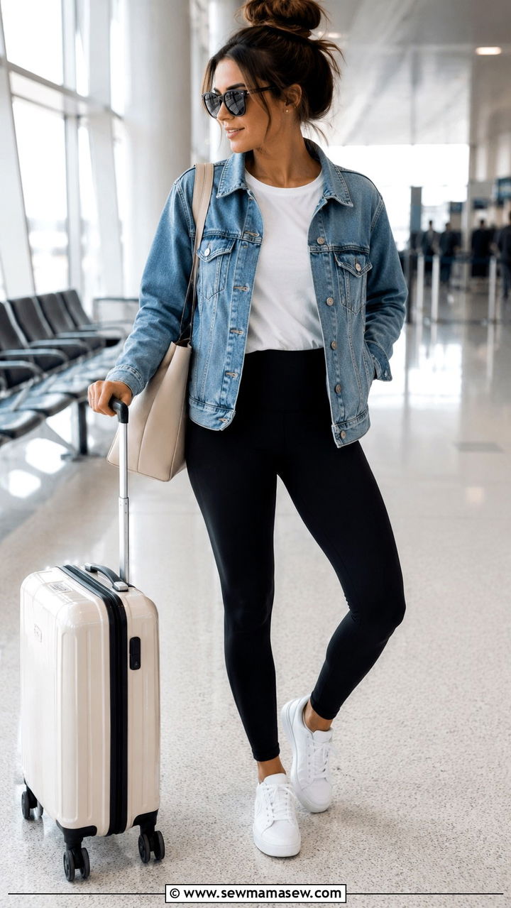 Denim Jacket With Black Leggings And White Sneakers Travel Outfit - 30 How to style a denim jacket for travel