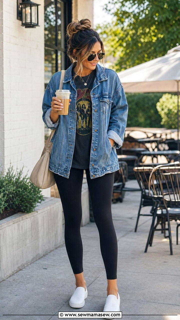 Denim Jacket With Black Leggings and Graphic Tee - 35 athleisure outfit ideas for women