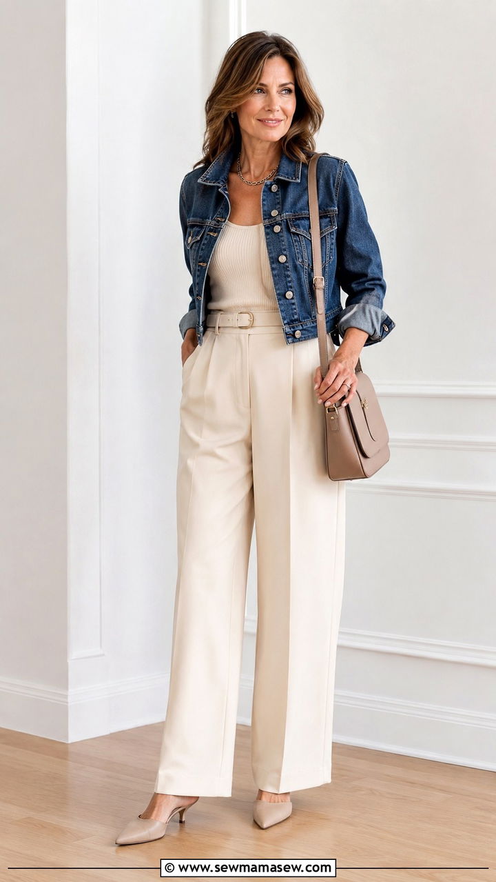 Denim Jacket With Black Trousers Outfit - 20 denim jacket outfits for women over 40