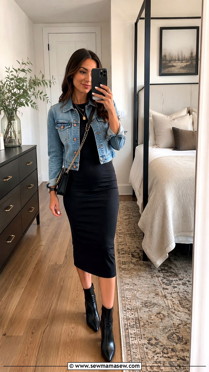 Denim Jacket With Bodycon Dress And Ankle Boots - 30 Denim jacket outfit ideas with a dress