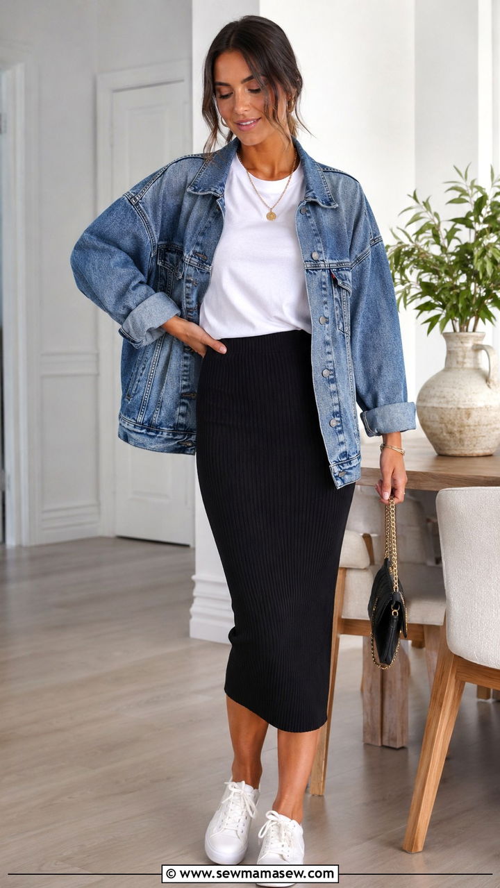 Denim Jacket With Bodycon Midi Skirt - 30 Denim jacket outfit ideas with a skirt