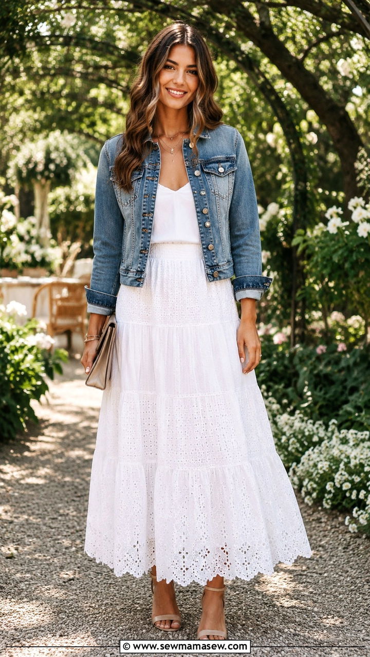 Denim Jacket With Broderie Tiered Maxi Skirt - 30 Denim jacket outfit ideas with a skirt