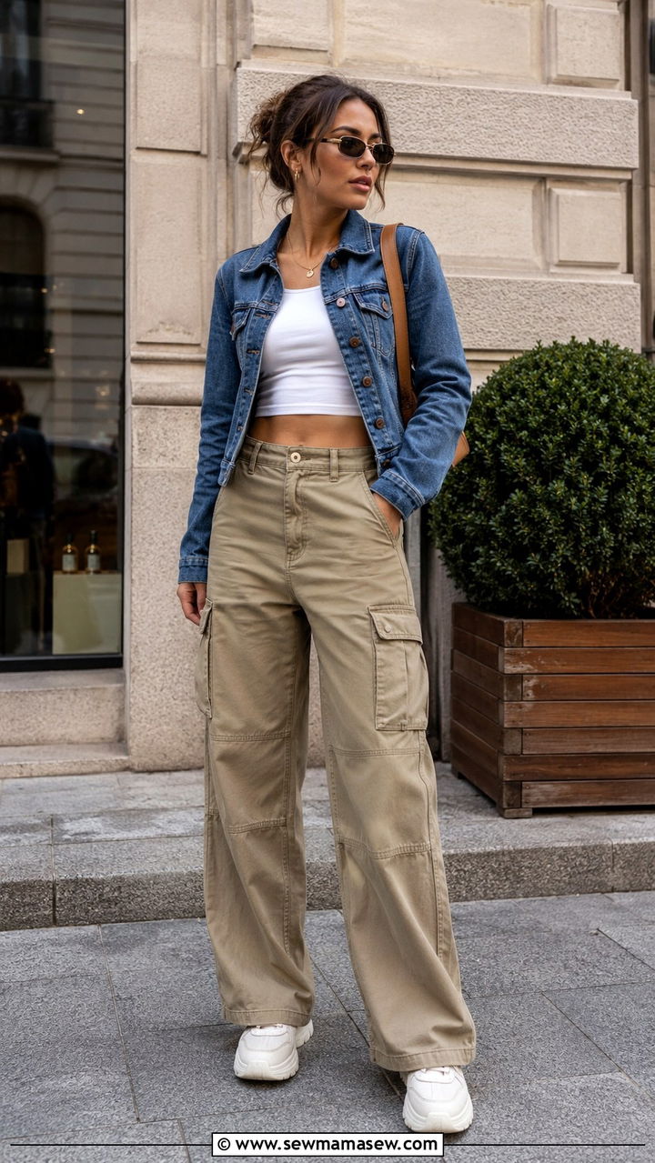 Denim Jacket With Cargo Pants and Chunky Sneakers - 30 Denim jacket outfit ideas for spring