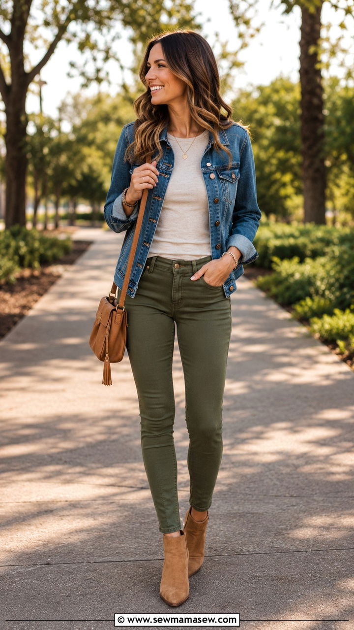 Denim Jacket With Colored Jeans And Neutral Top - 30 Denim jacket and jeans outfit ideas
