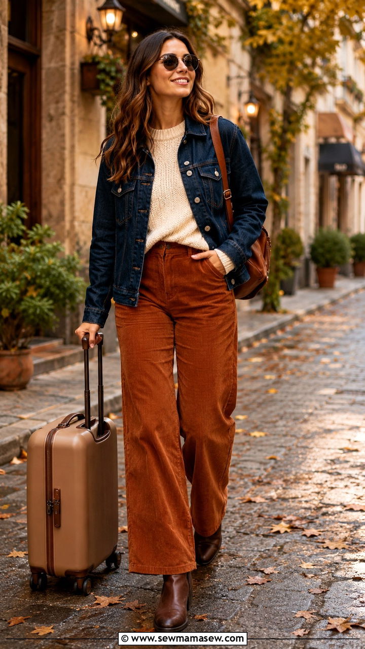 Denim Jacket With Corduroy Pants And Sweater Travel Look - 30 How to style a denim jacket for travel