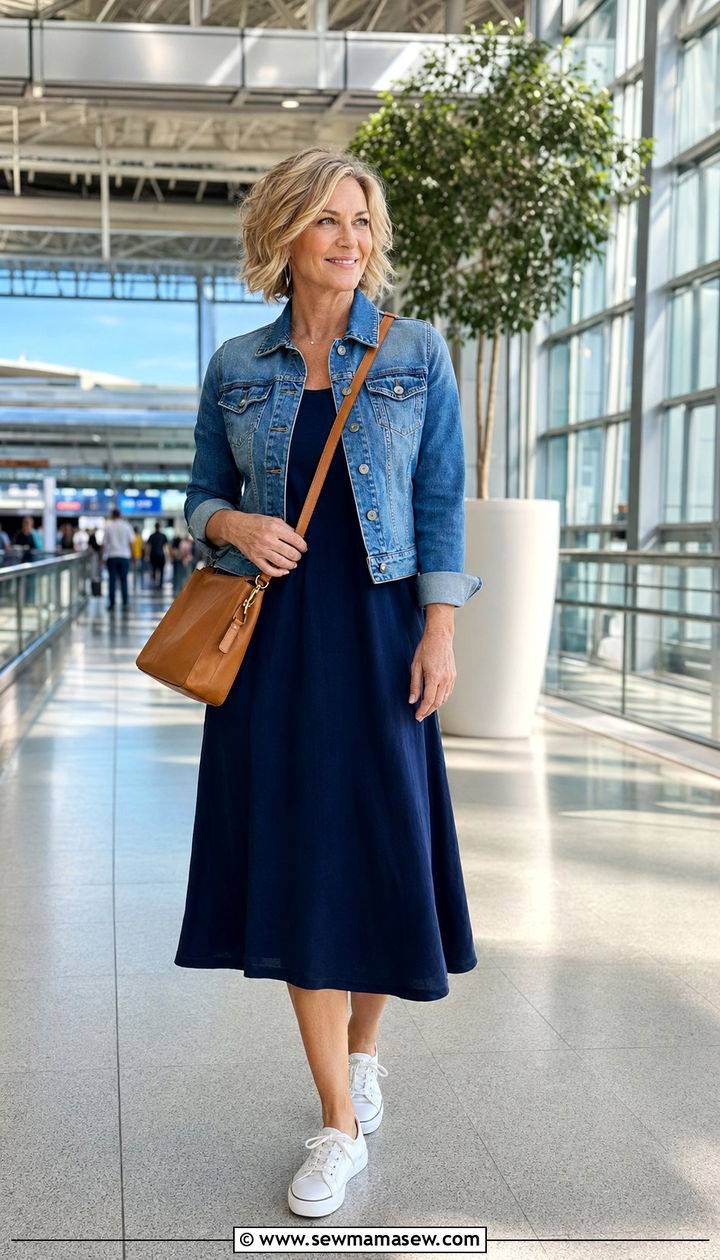 Denim Jacket With Cotton Midi Dress - 35 Airport outfit ideas for women over 50