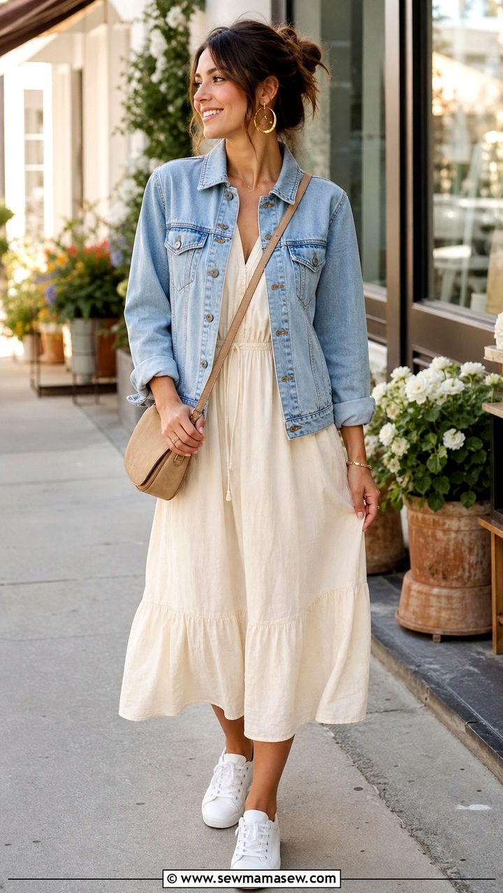 Denim Jacket With Cream Midi Dress And White Sneakers - 40 spring neutral outfit ideas