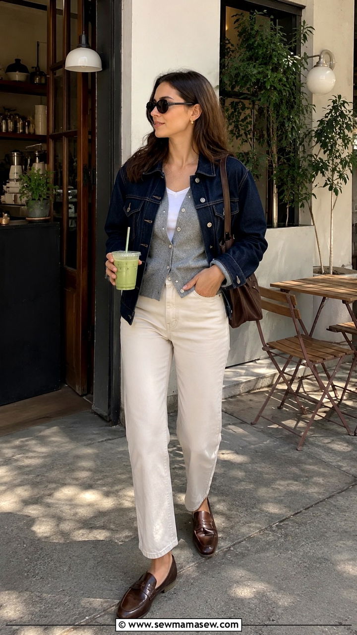Denim Jacket With Cropped Cardigan And Straight Leg Jeans - 30 transitional everyday outfits for women