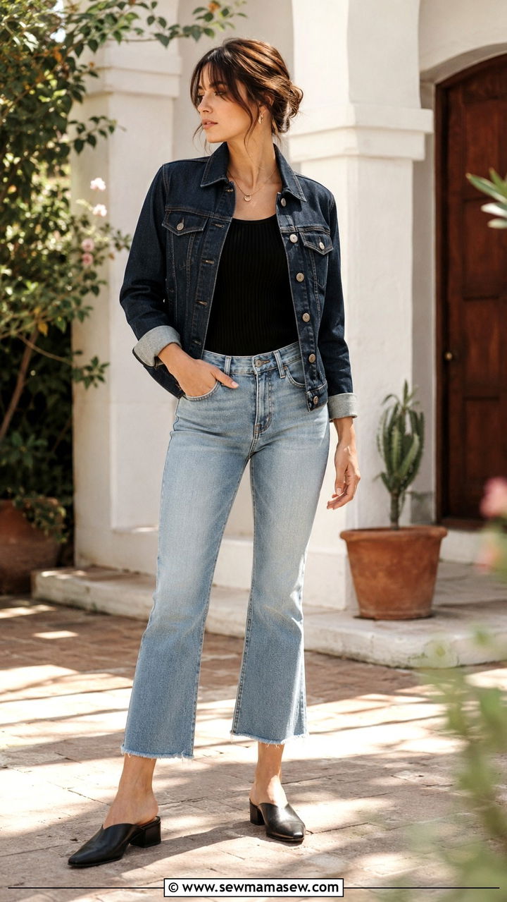 Denim Jacket With Cropped Flare Jeans And Mules - 30 Denim jacket and jeans outfit ideas