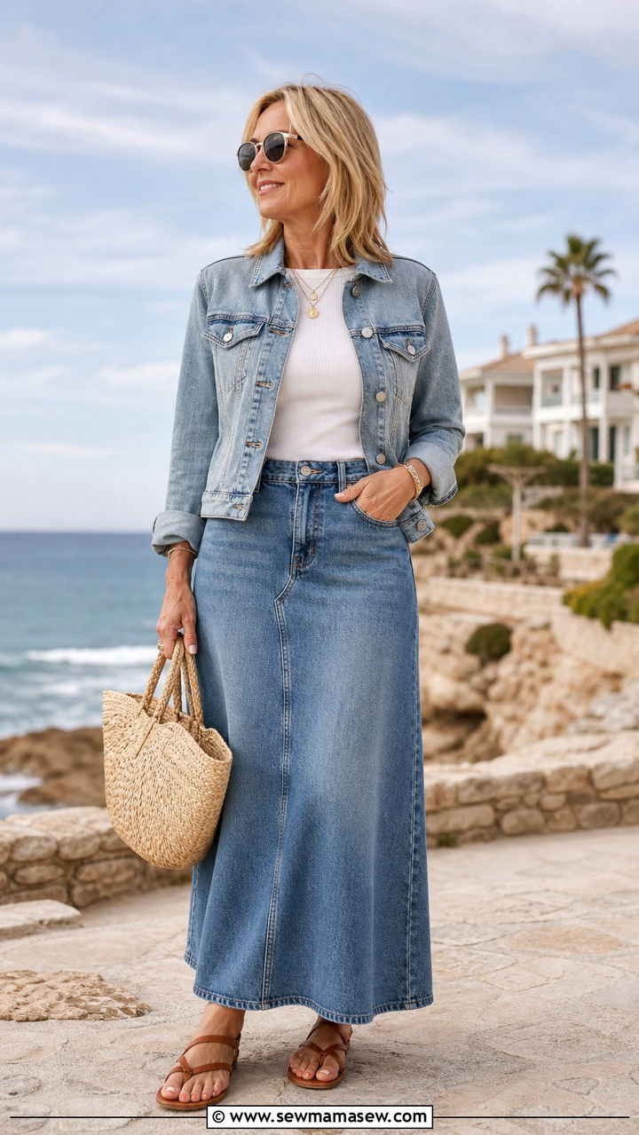 Denim Jacket With Denim Maxi Skirt and Sandals - 20 denim maxi skirt outfits for women over 40