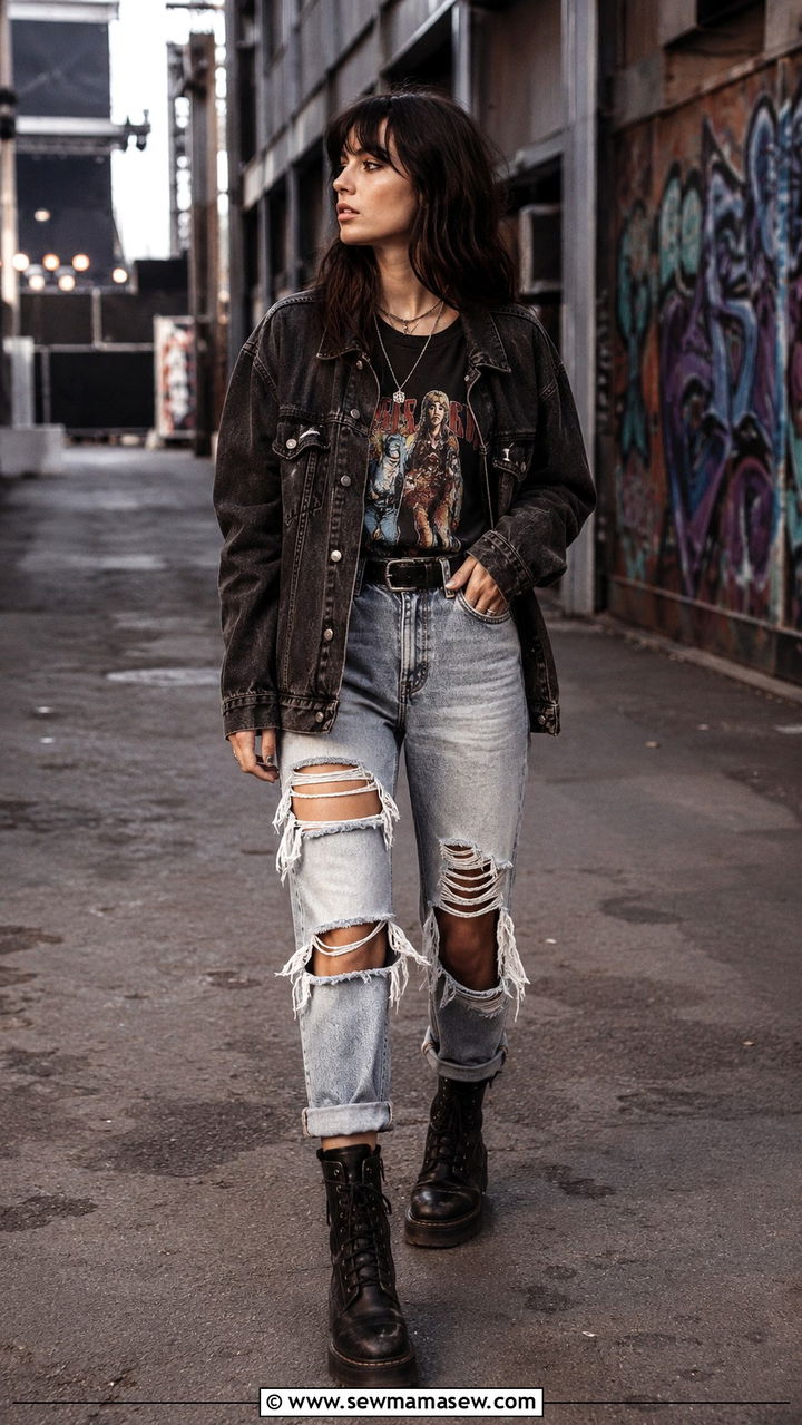 Denim Jacket With Distressed Jeans And Band Tee - 30 Denim jacket and jeans outfit ideas