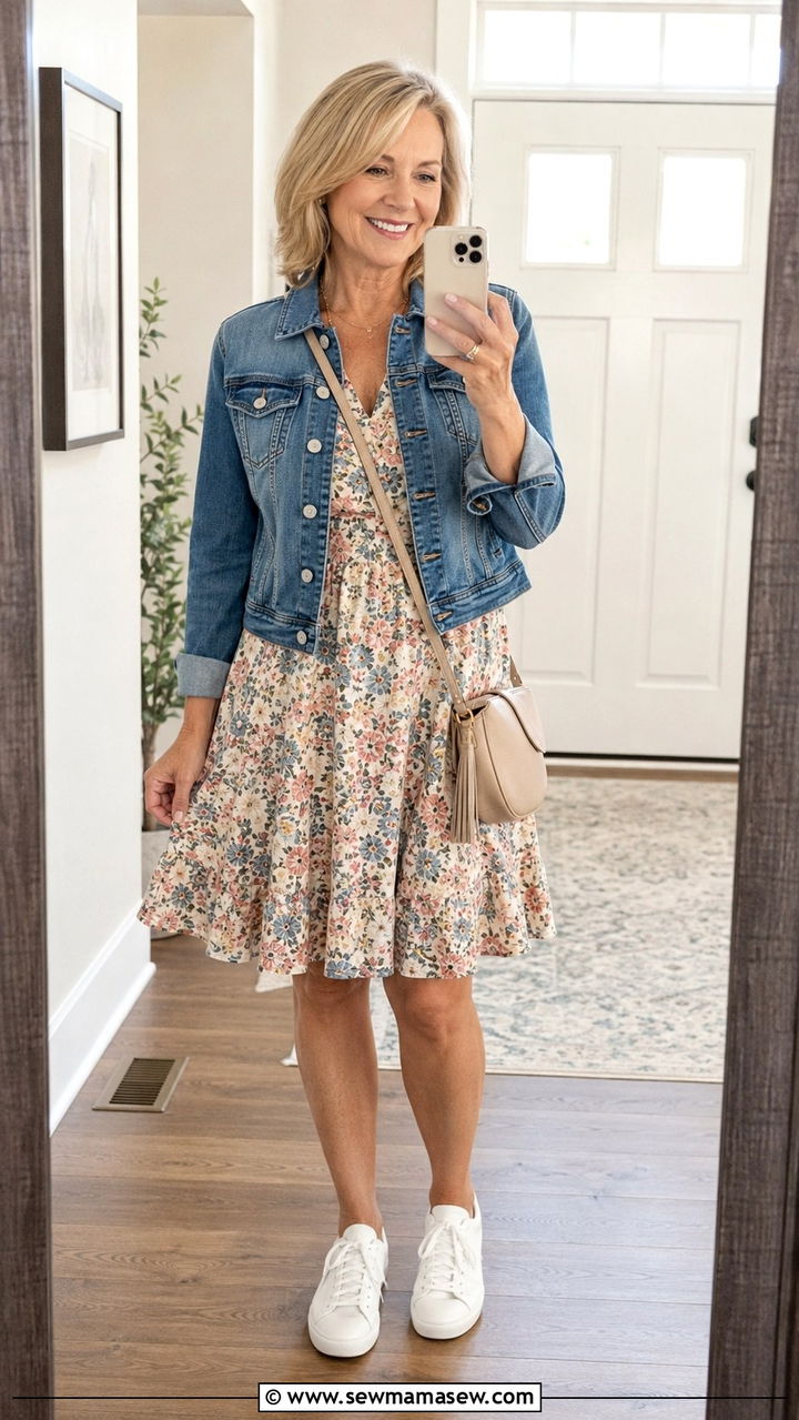 Denim Jacket With Fit And Flare Dress - 20 Outfit ideas for apple shape over 50
