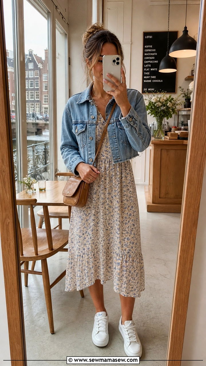 Denim Jacket With Floral Dress And Sneakers - 40 What to wear in Amsterdam