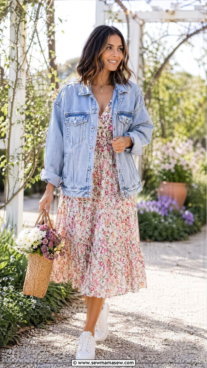 Denim Jacket With Floral Dress Outfit - 35 everyday outfit ideas for women