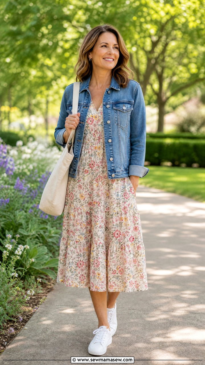 Denim Jacket With Floral Dress and White Sneakers Outfit - 25 Fashion over 40 outfit ideas