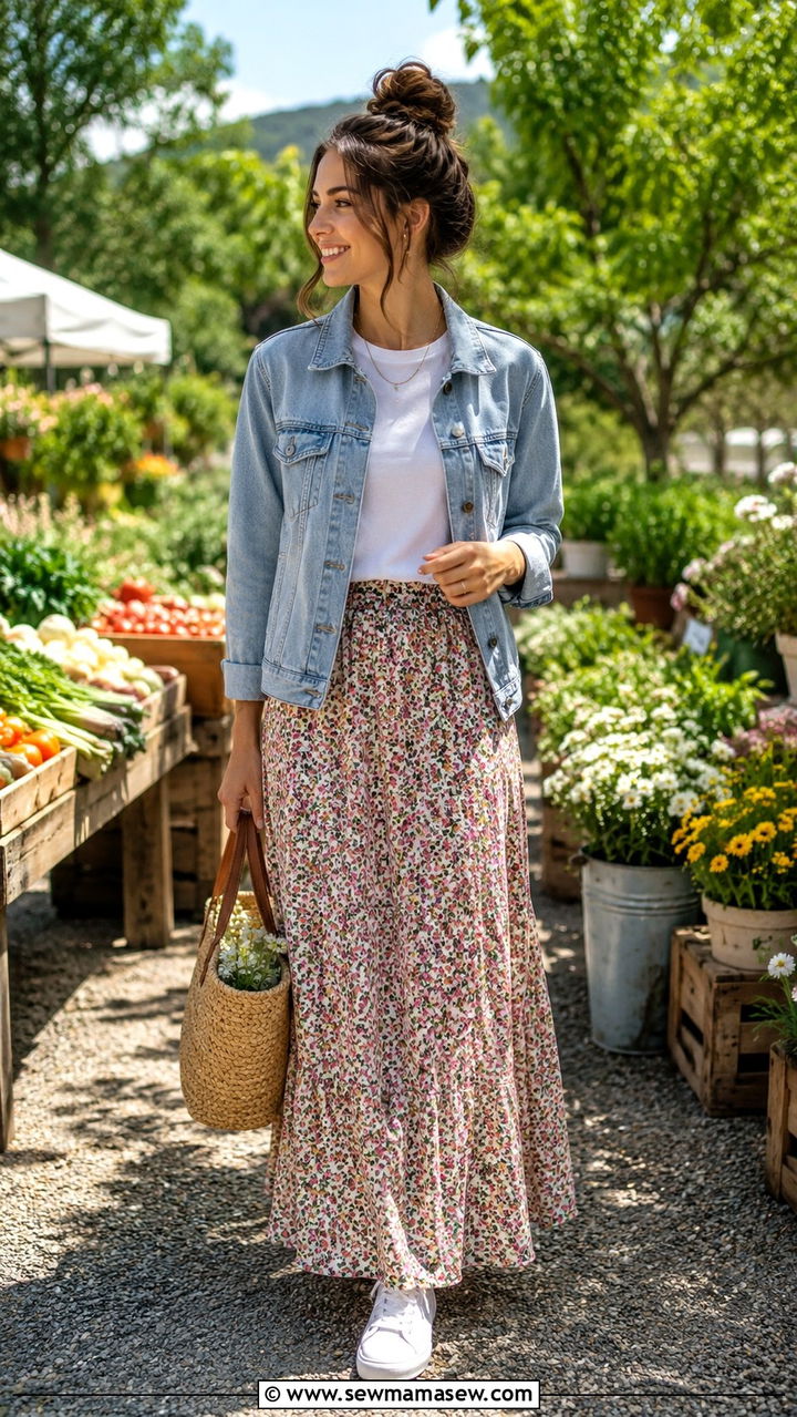 Denim Jacket With Floral Long Skirt - 30 Modest outfit ideas with long skirt