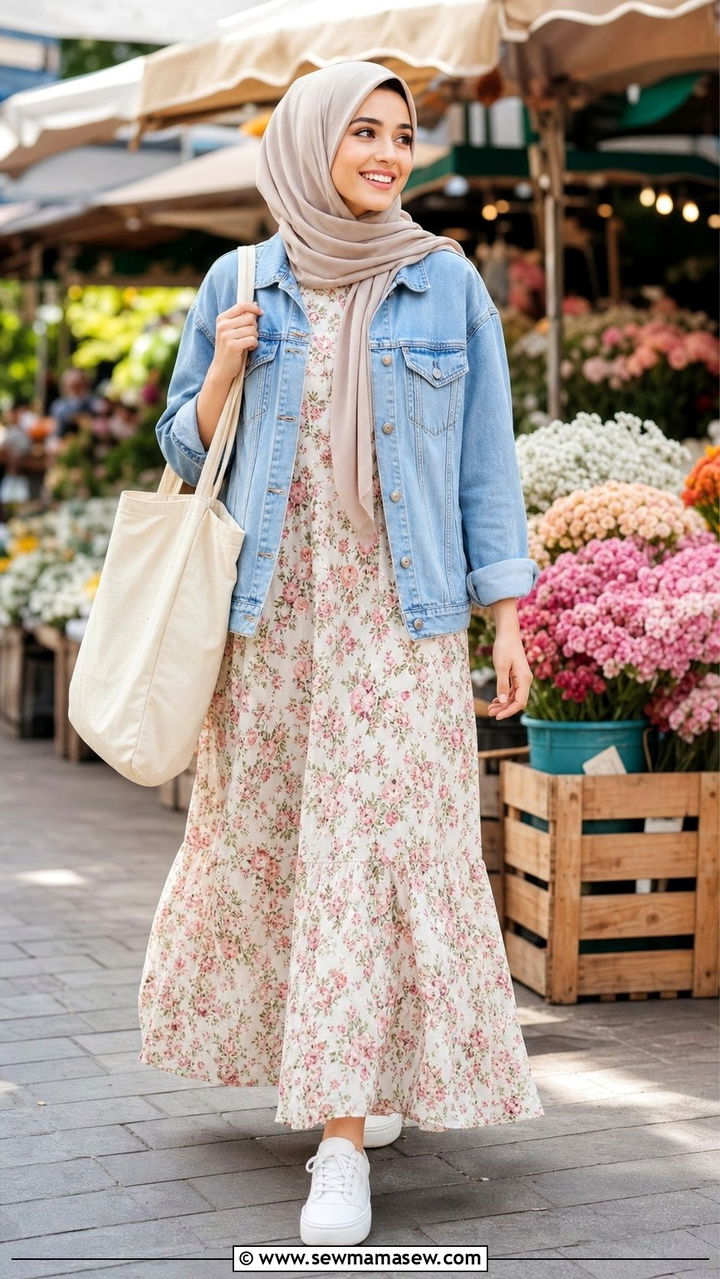 Denim Jacket With Floral Maxi Dress - 25 classy modest classy outfits