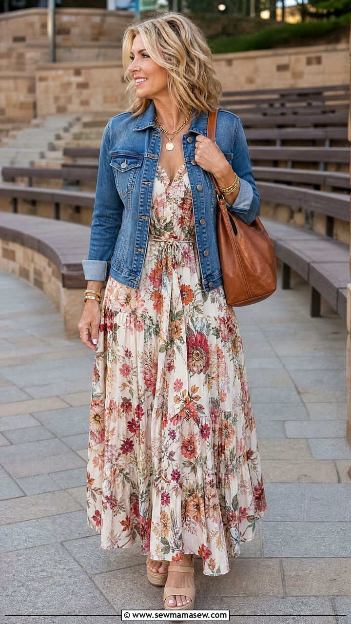 Denim Jacket With Floral Maxi Dress - 30 summer concert outfits for women over 40