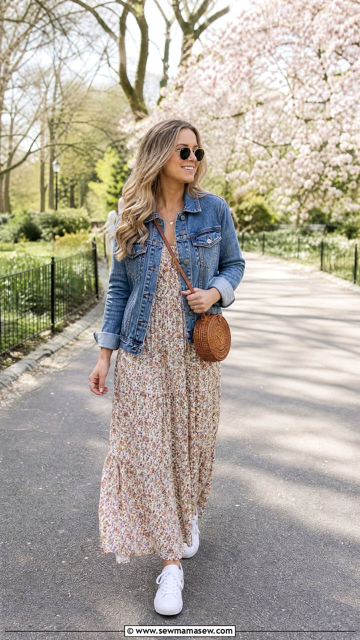 Denim Jacket With Floral Maxi Dress - 30 Chill spring outfit ideas