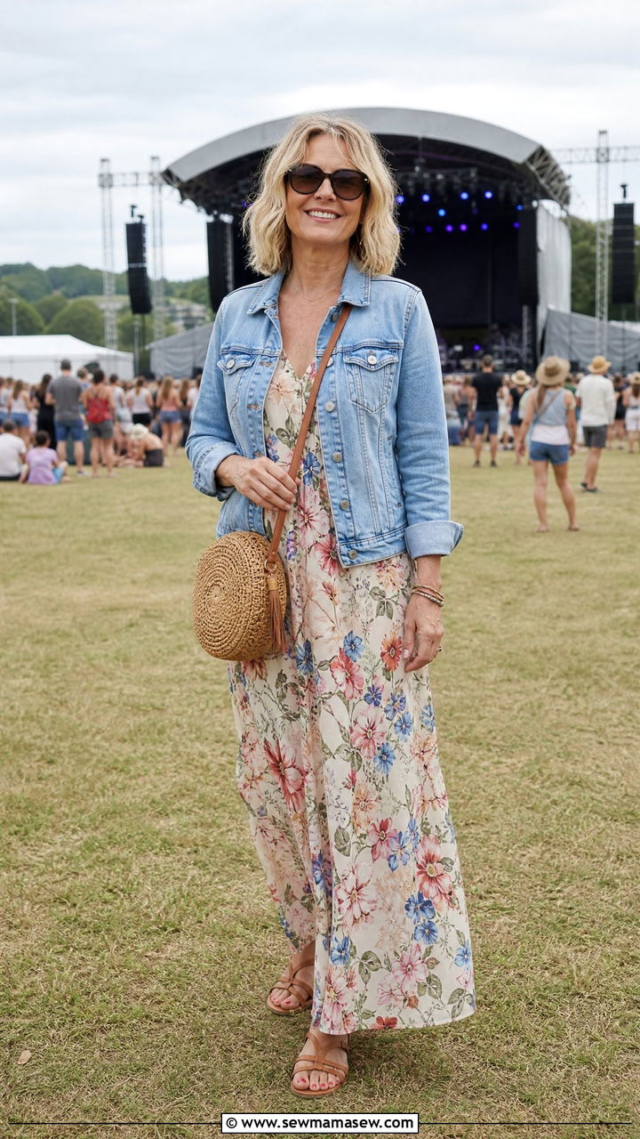 Denim Jacket With Floral Maxi Dress - 30 Concert outfit ideas for women over 50