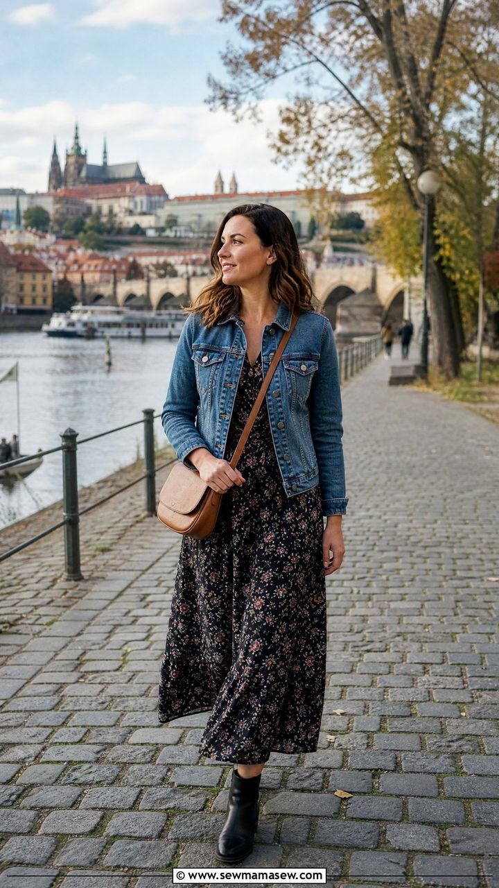 Denim Jacket With Floral Maxi Dress And Ankle Boots For Prague - 40 What to wear in Prague