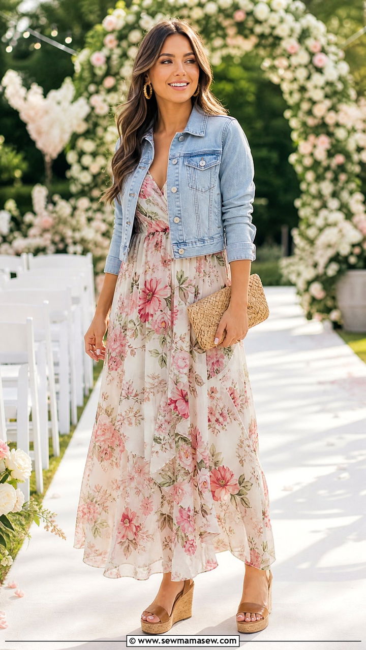 Denim Jacket With Floral Maxi Dress And Wedge Sandals - 35 How to style a denim jacket for a wedding