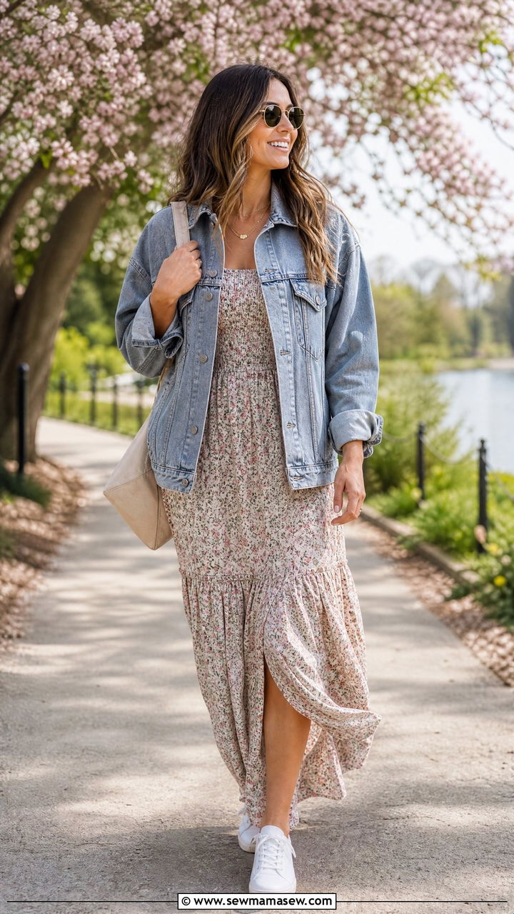 Denim Jacket With Floral Maxi Dress And White Sneakers - 30 First warm day outfits