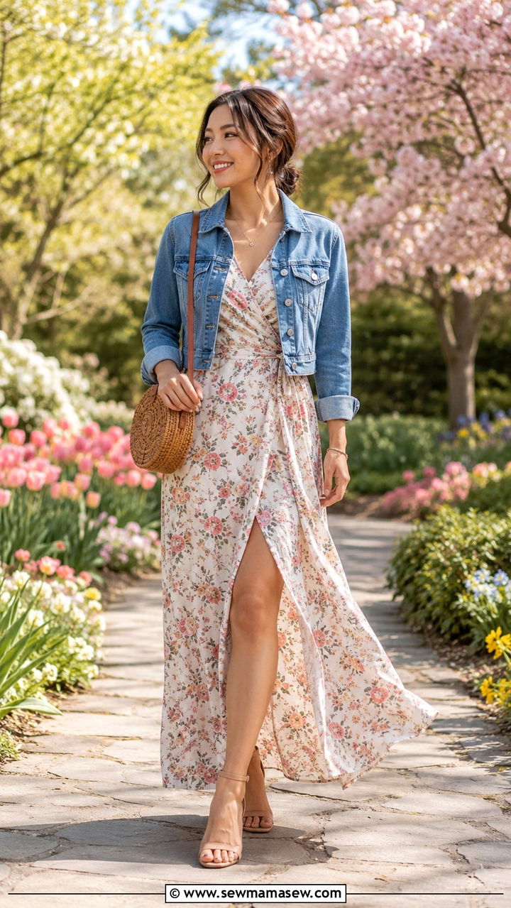 Denim Jacket With Floral Maxi Dress Petite Outfit - 25 Petite spring capsule wardrobe
