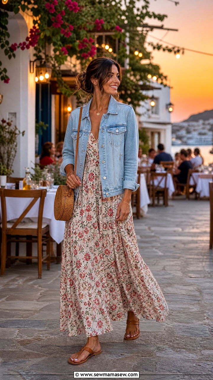 Denim Jacket With Floral Maxi Dress Summer Night - 30 Denim jacket outfit ideas for summer nights
