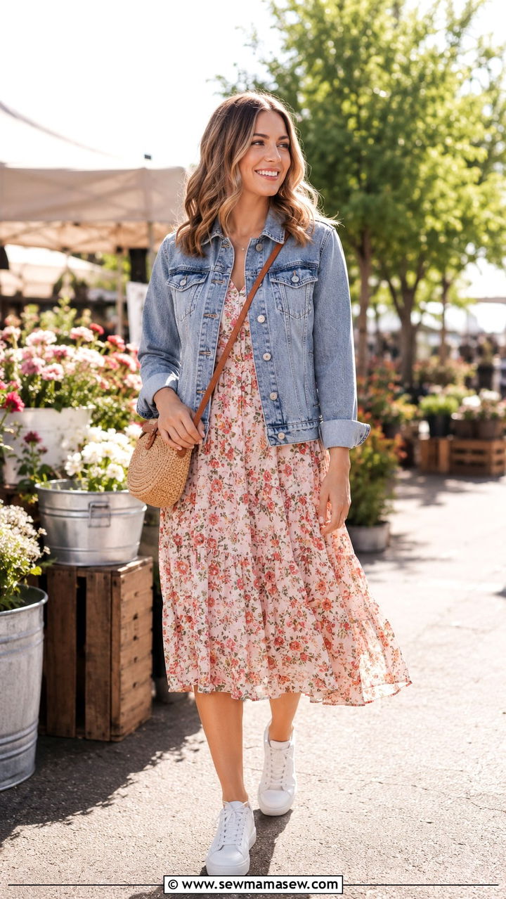 Denim Jacket With Floral Midi Dress - 30 Spring outfits with denim jacket