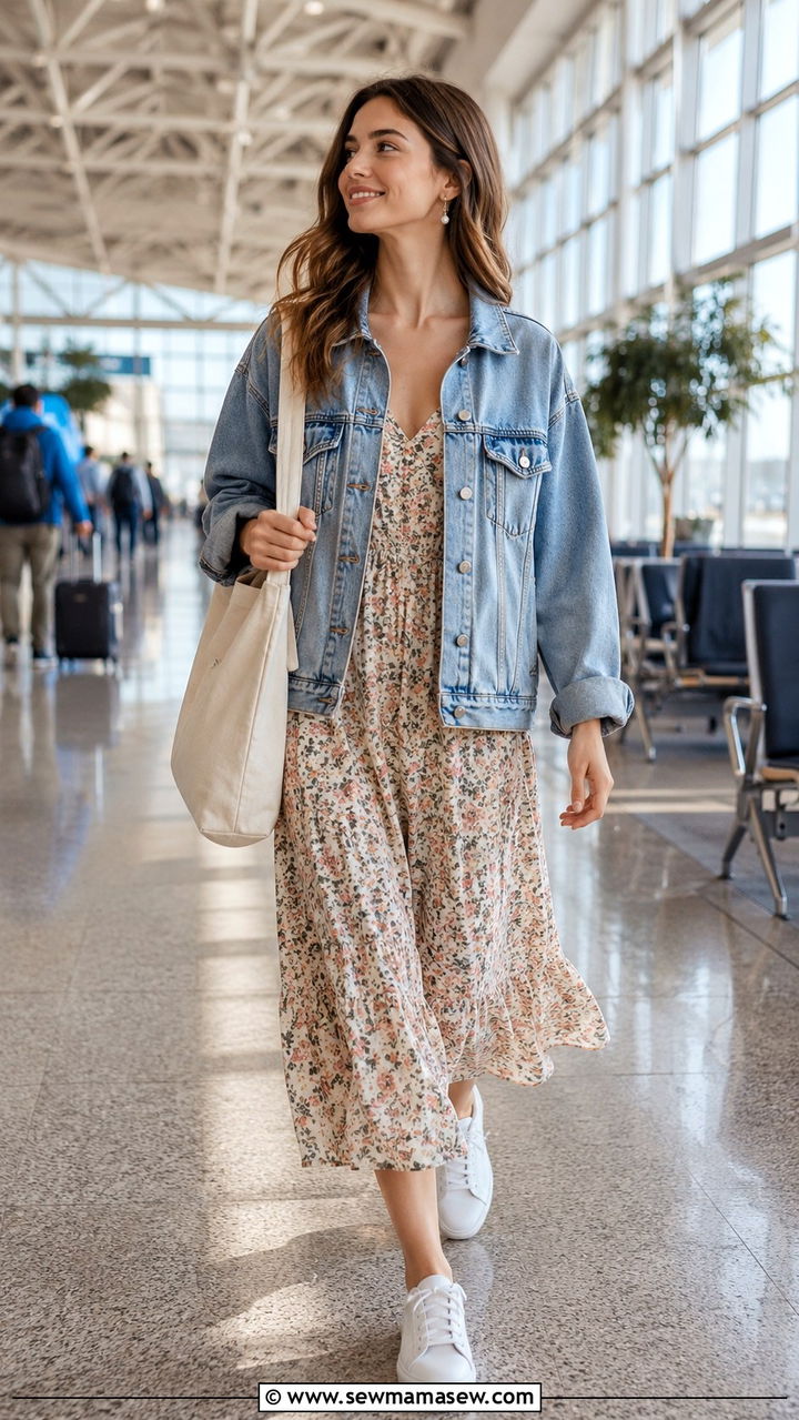 Denim Jacket With Floral Midi Dress Airport Outfit - 25 Airport outfit ideas JFK New York