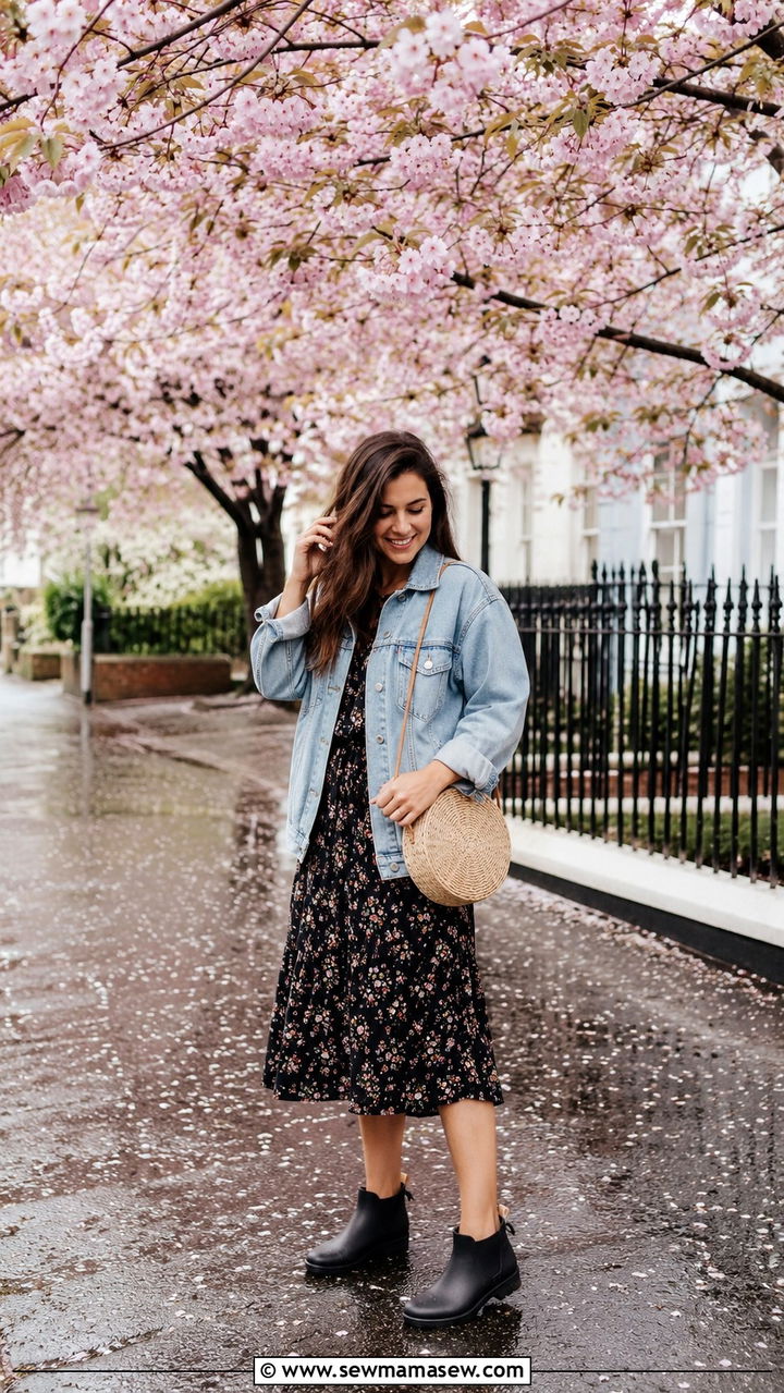 Denim Jacket With Floral Midi Dress And Ankle Rain Boots - 30 Rainy day travel outfit ideas