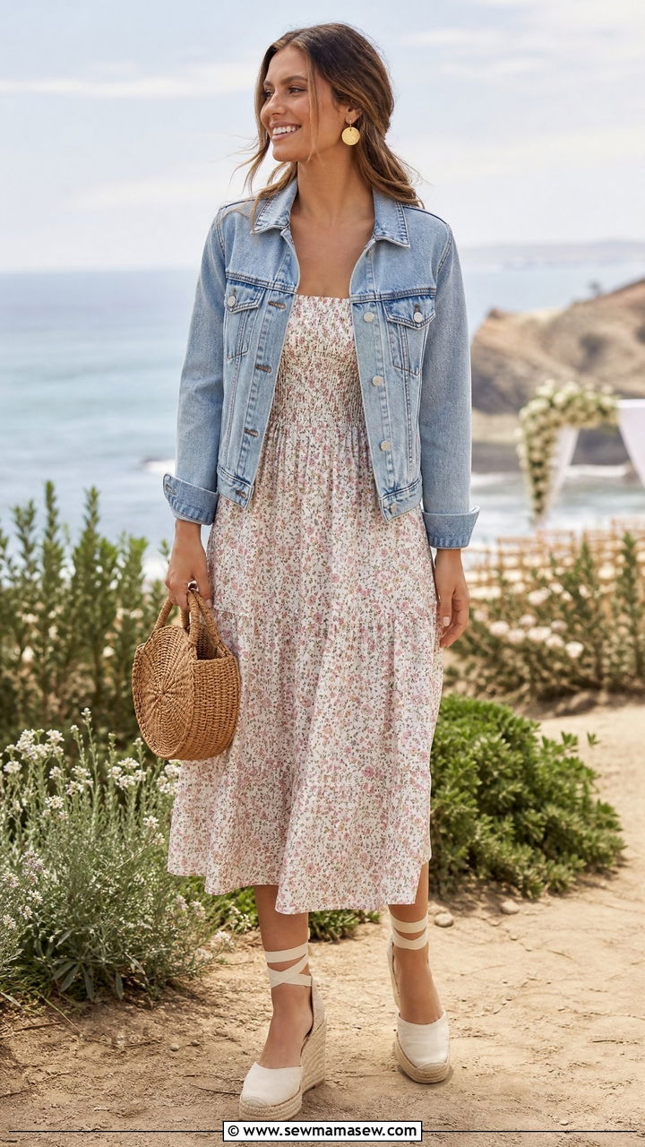 Denim Jacket With Floral Midi Dress And Espadrilles - 35 How to style a denim jacket for a wedding