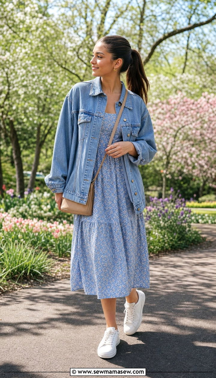 Denim Jacket With Floral Midi Dress And Sneakers - 25 Clean girl outfit ideas for teens