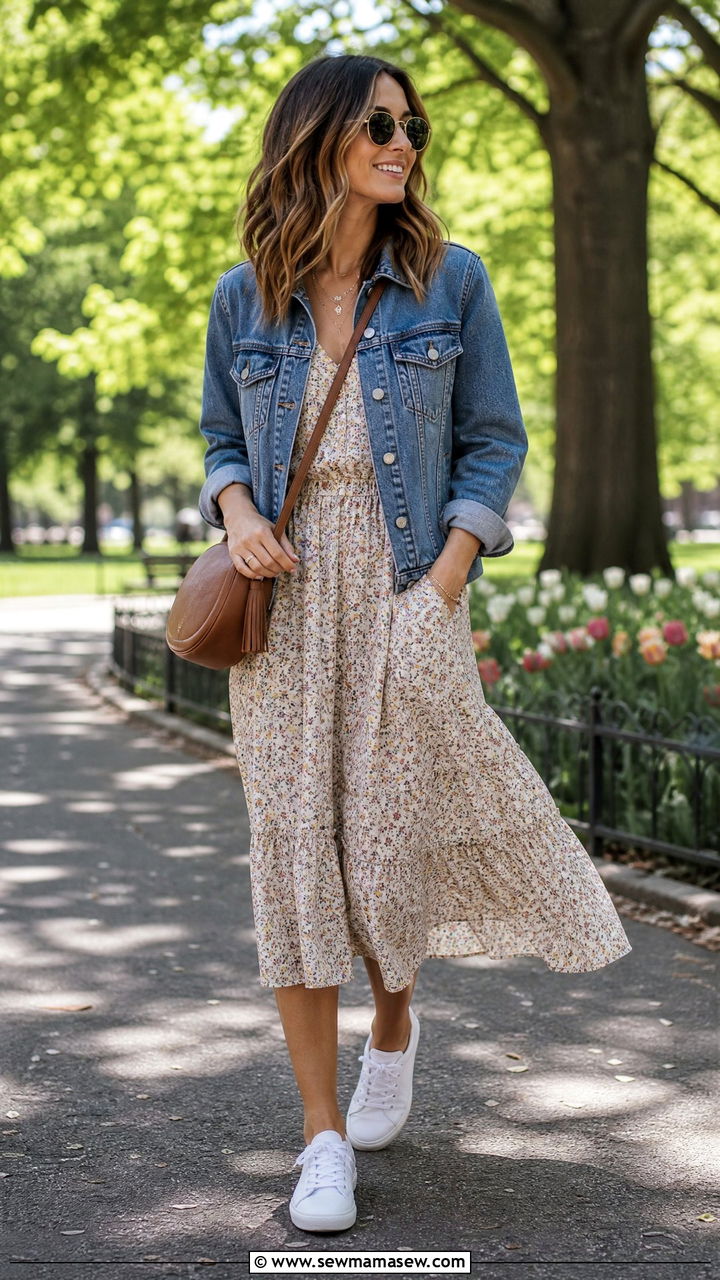 Denim Jacket With Floral Midi Dress And White Sneakers - 30 Elevated mom outfit ideas