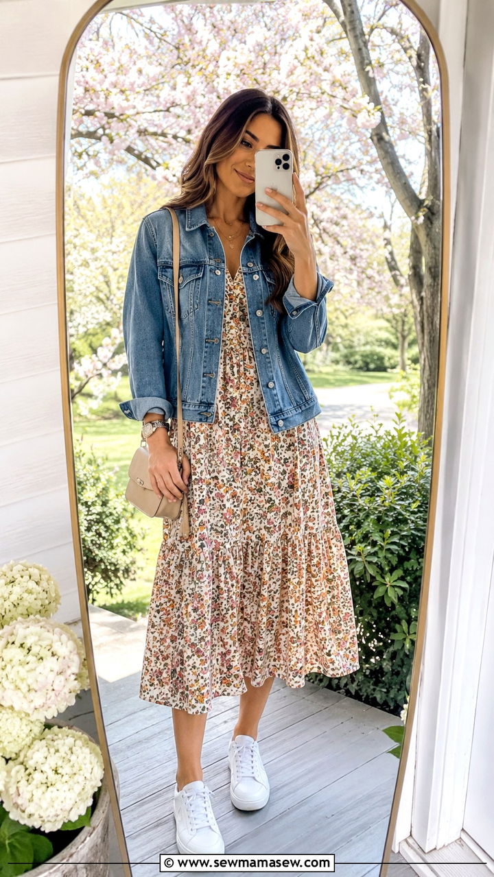Denim Jacket With Floral Midi Dress And White Sneakers - 30 Mild weather outfit ideas