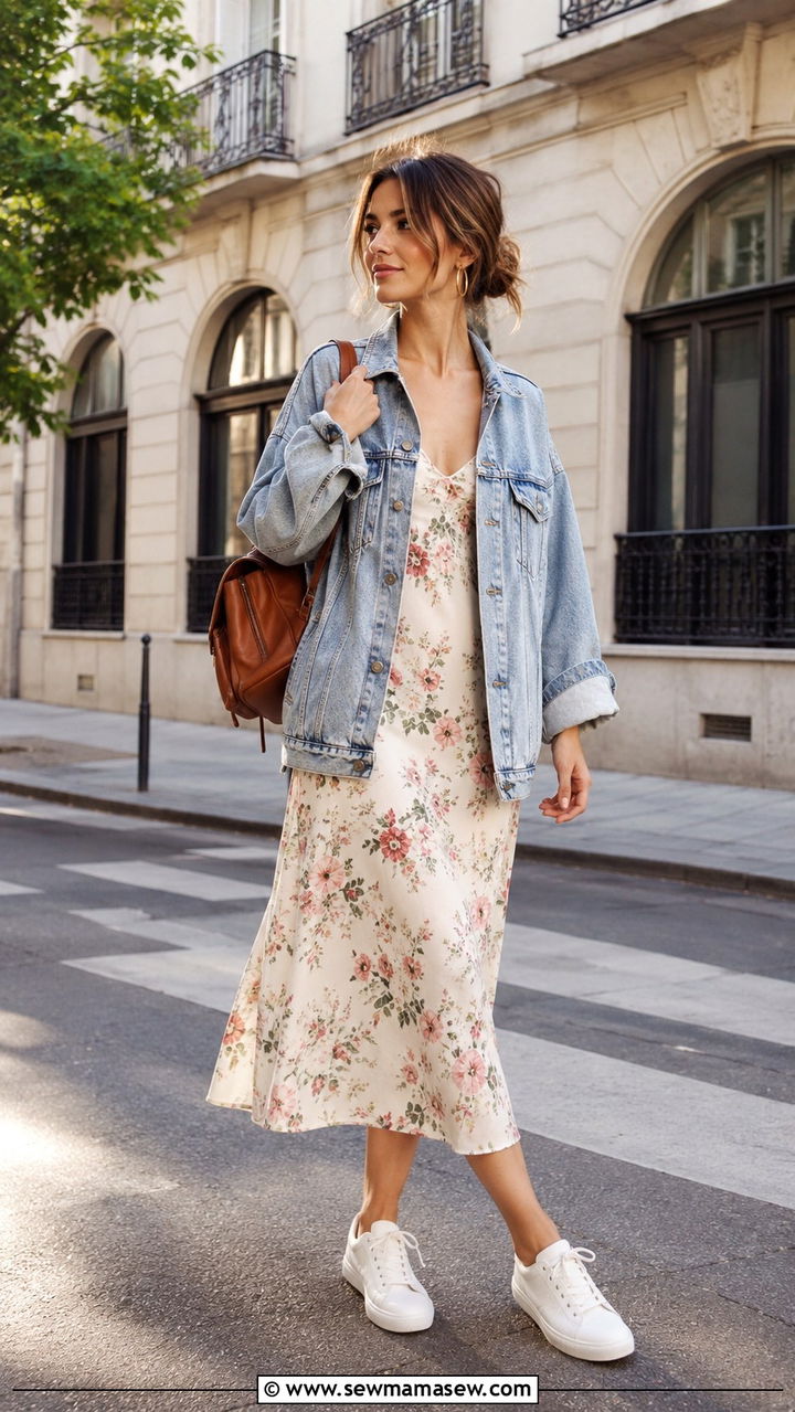 Denim Jacket With Floral Midi Dress And White Sneakers - 30 spring vintage outfit ideas