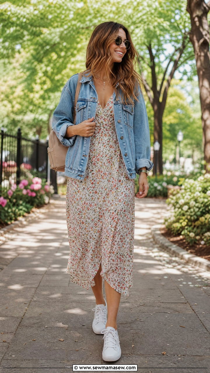 Denim Jacket With Floral Slip Dress - 30 Cute brunch outfits