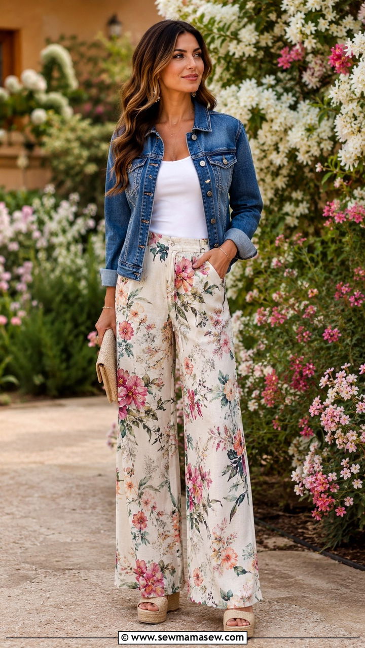 Denim Jacket With Floral Wide Leg Trousers and Platform Sandals - 30 Denim jacket outfit ideas for spring