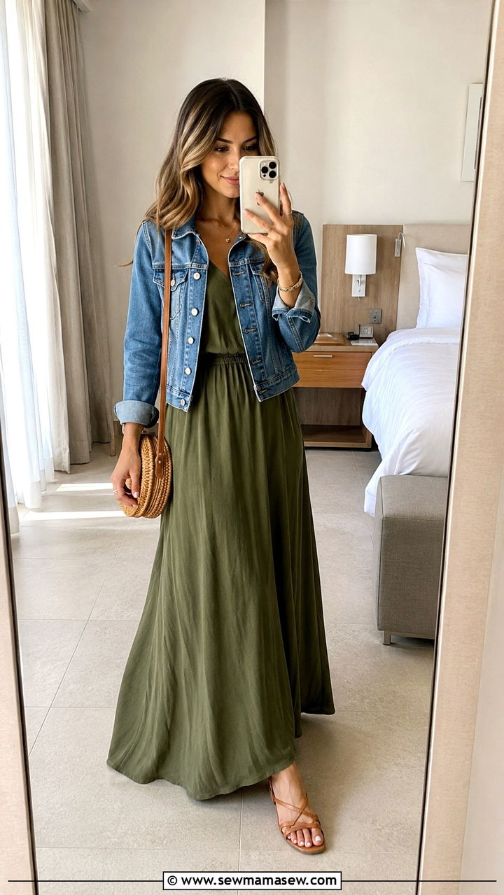 Denim Jacket With Flowy Maxi Dress For Travel - 30 How to style a denim jacket for travel