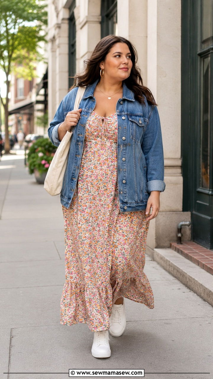 Denim Jacket With Flowy Maxi Dress - 30 Plus size outfit ideas 2026