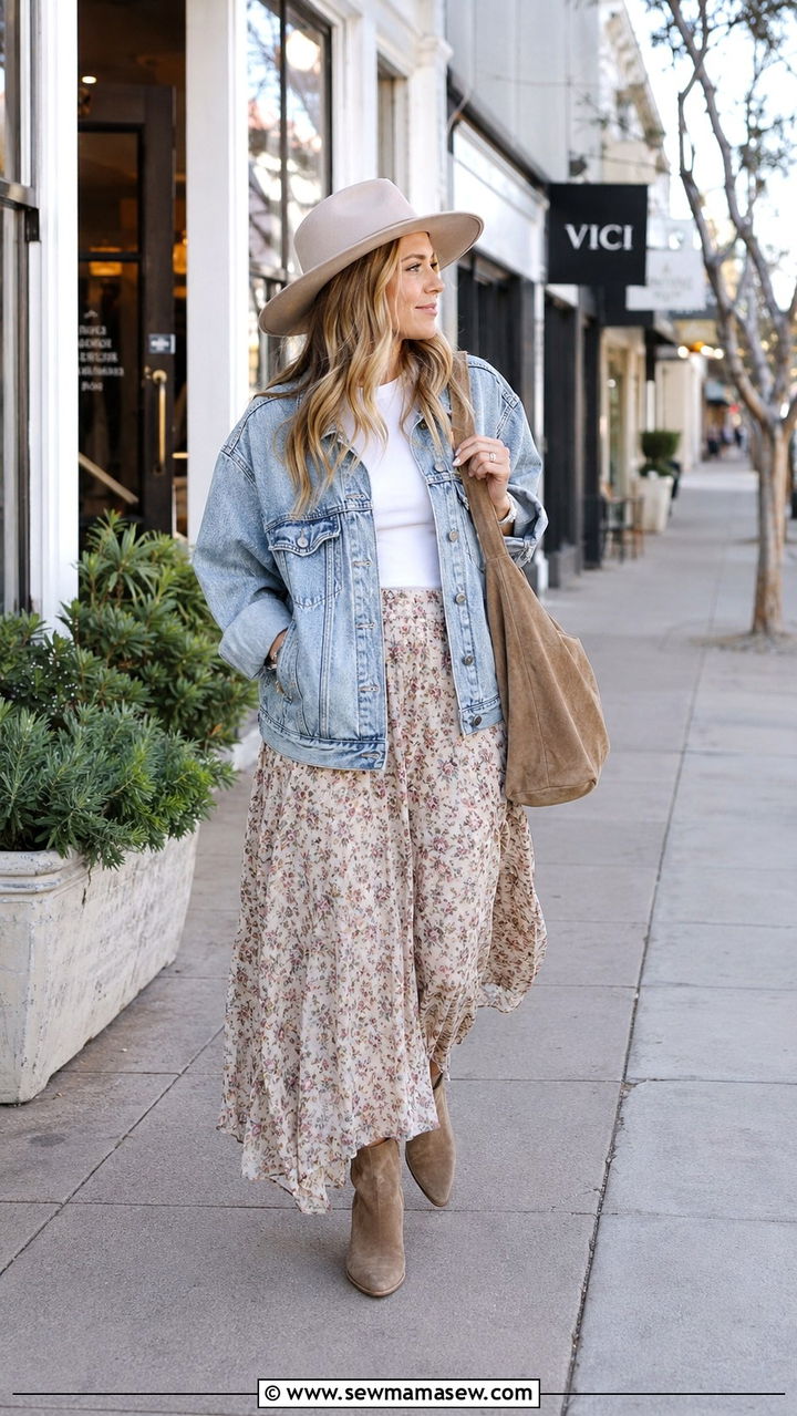 Denim Jacket With Flowy Maxi Skirt And Suede Boots - 25 Boho outfit ideas with suede boots