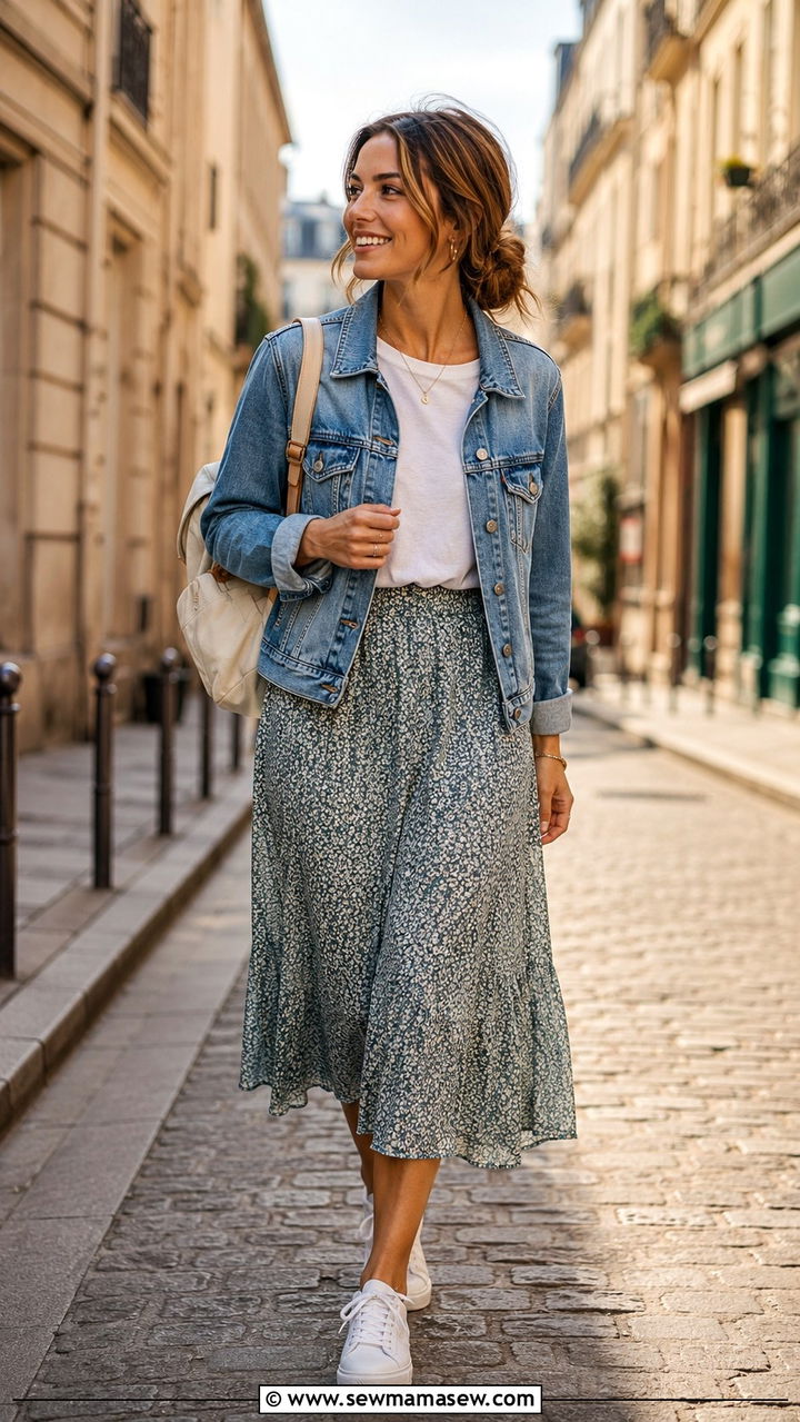 Denim Jacket With Flowy Midi Skirt City Look - 25 Vacation outfit ideas modest women