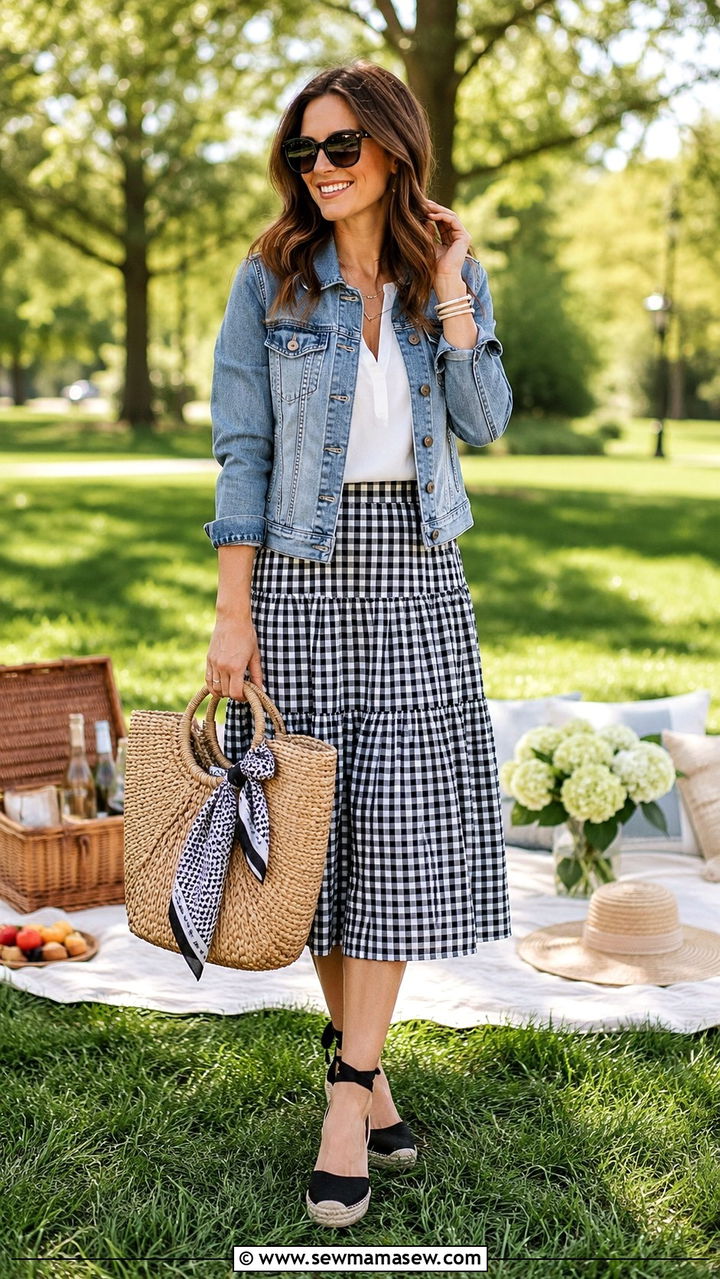 Denim Jacket With Gingham Skirt Outfit - 30 spring denim jacket outfit ideas