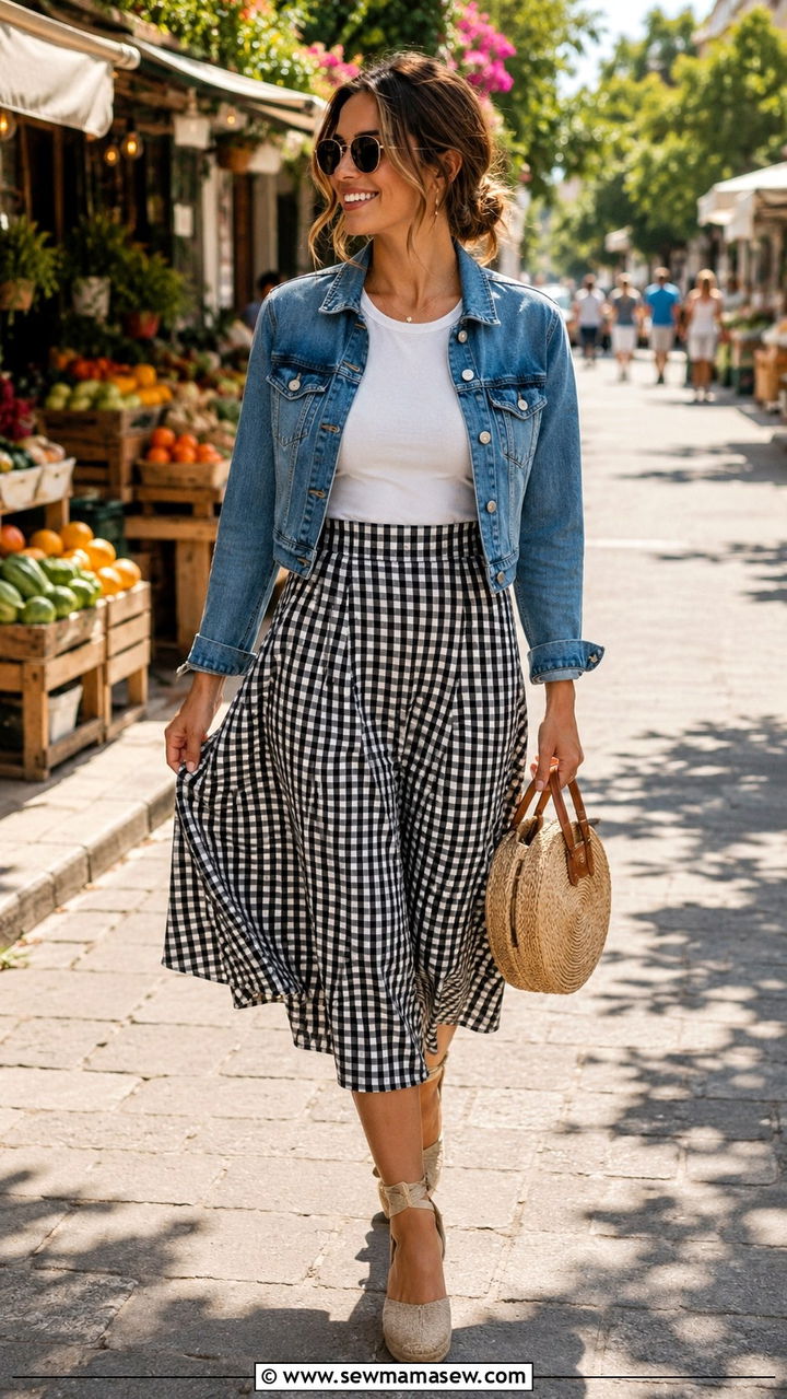 Denim Jacket With Gingham Skirt - 30 Spring outfits with denim jacket