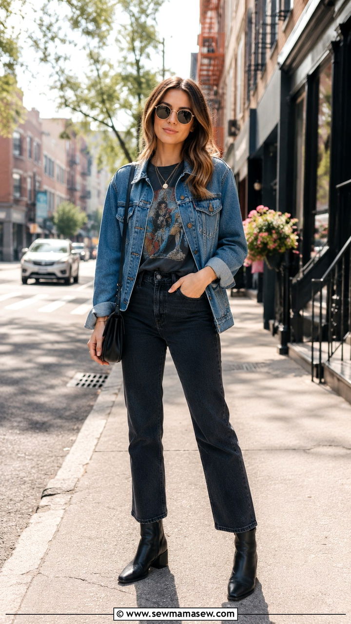 Denim Jacket With Graphic Tee And Jeans - 30 spring denim jacket outfit ideas