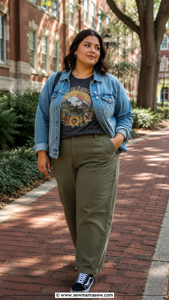 Denim Jacket With Graphic Tee And Relaxed Trousers - 30 Plus size outfit ideas for college